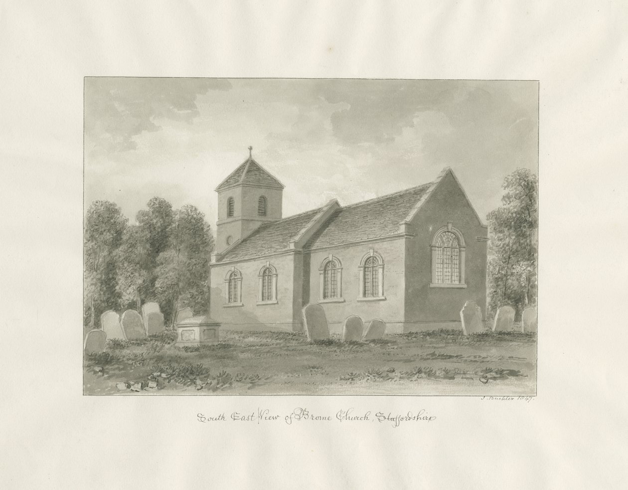 Broom (nu Worcestershire) kirke: sepia tegning af John Buckler