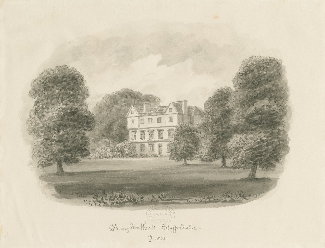 Broughton Hall: sepia tegning af John Buckler