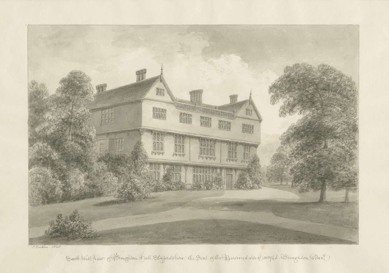 Broughton Hall: sepia tegning, 1848 af John Buckler