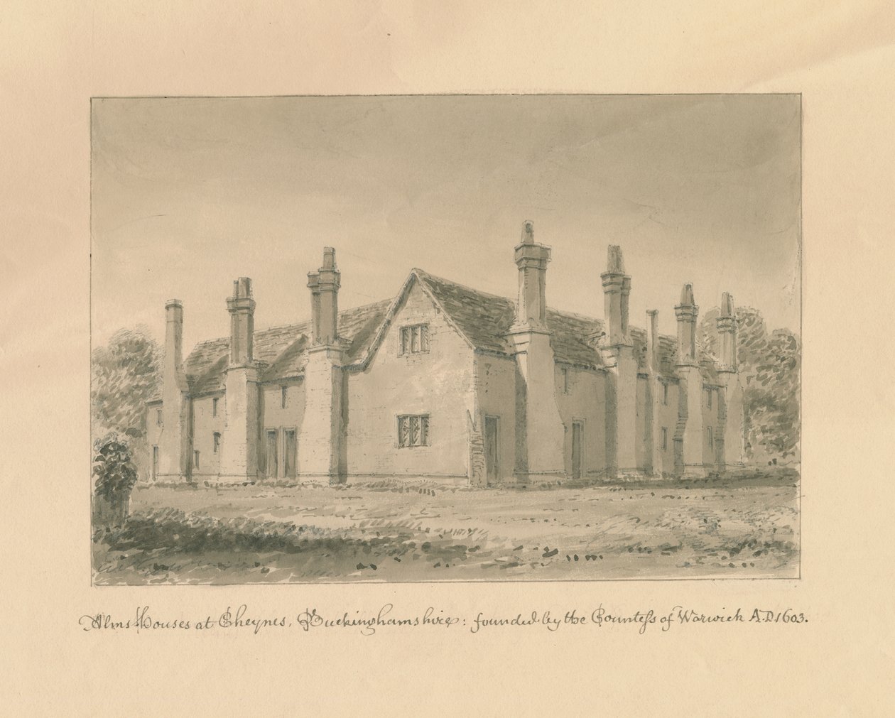 Buckinghamshire - Chenies Hall - Alms Houses: sepia-tegning, 1824 af John Buckler
