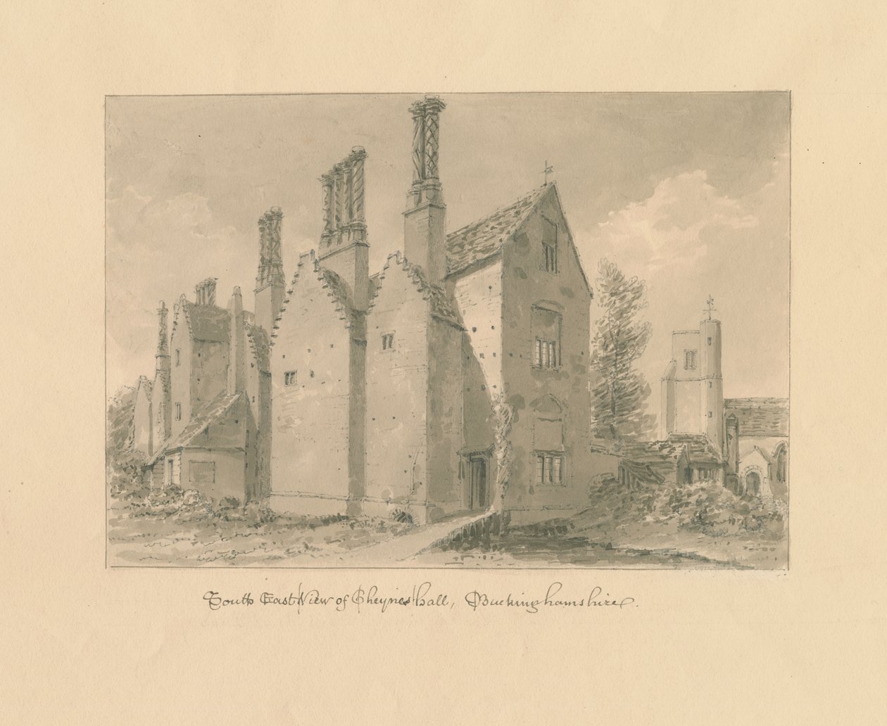 Buckinghamshire - Chenies Hall: sepia tegning af John Buckler