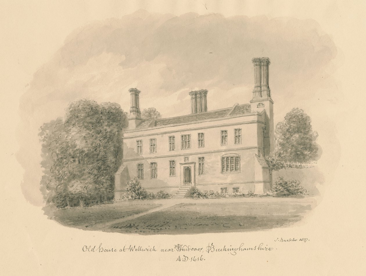 Buckinghamshire - Wellwick - Old House: sepia-tegning vignetteret, 1837 af John Buckler