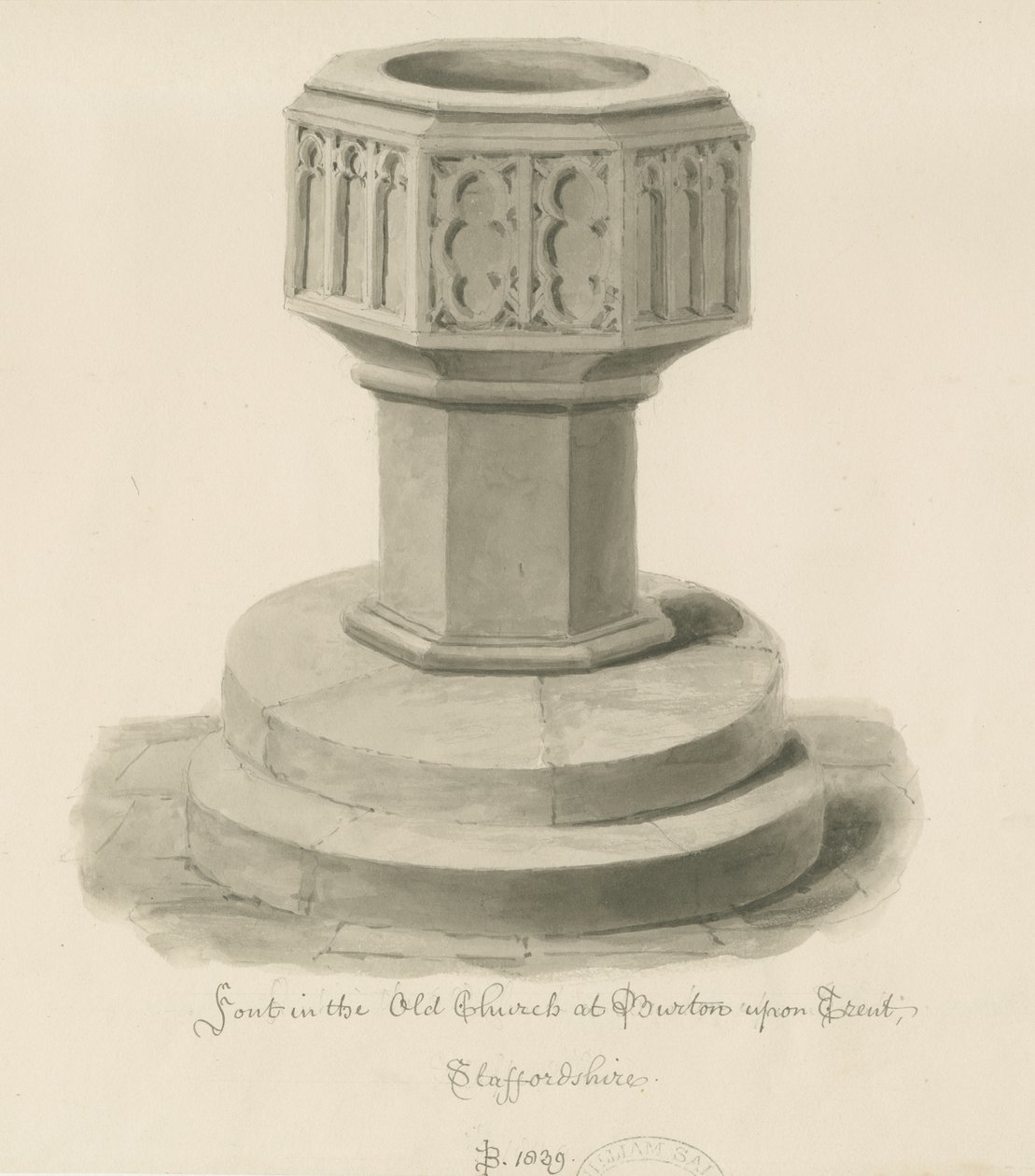Burton-upon-Trent - Font i den gamle kirke: sepia-tegning af John Buckler