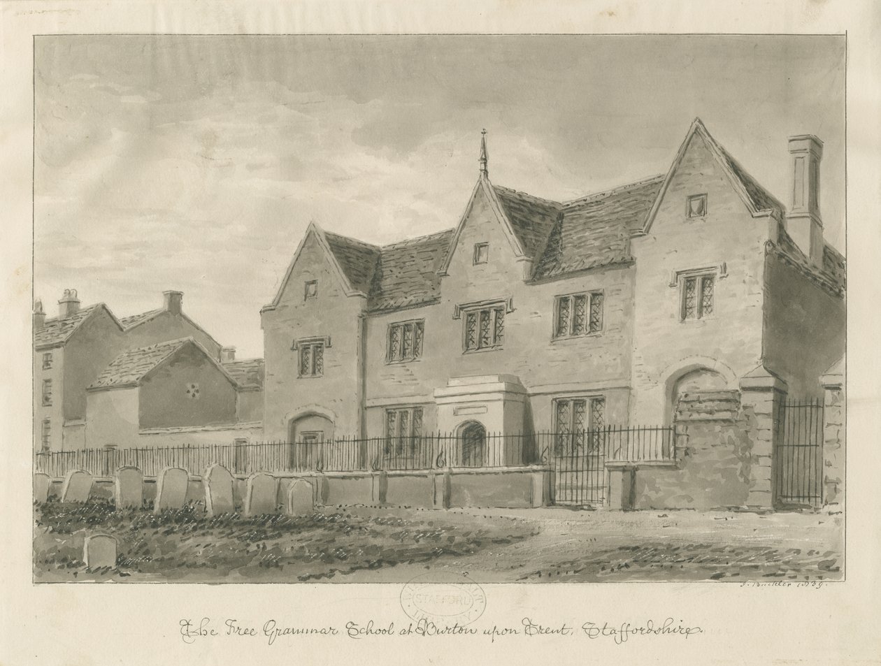 Burton-upon-Trent - Grammar School: sepia-tegning af John Buckler