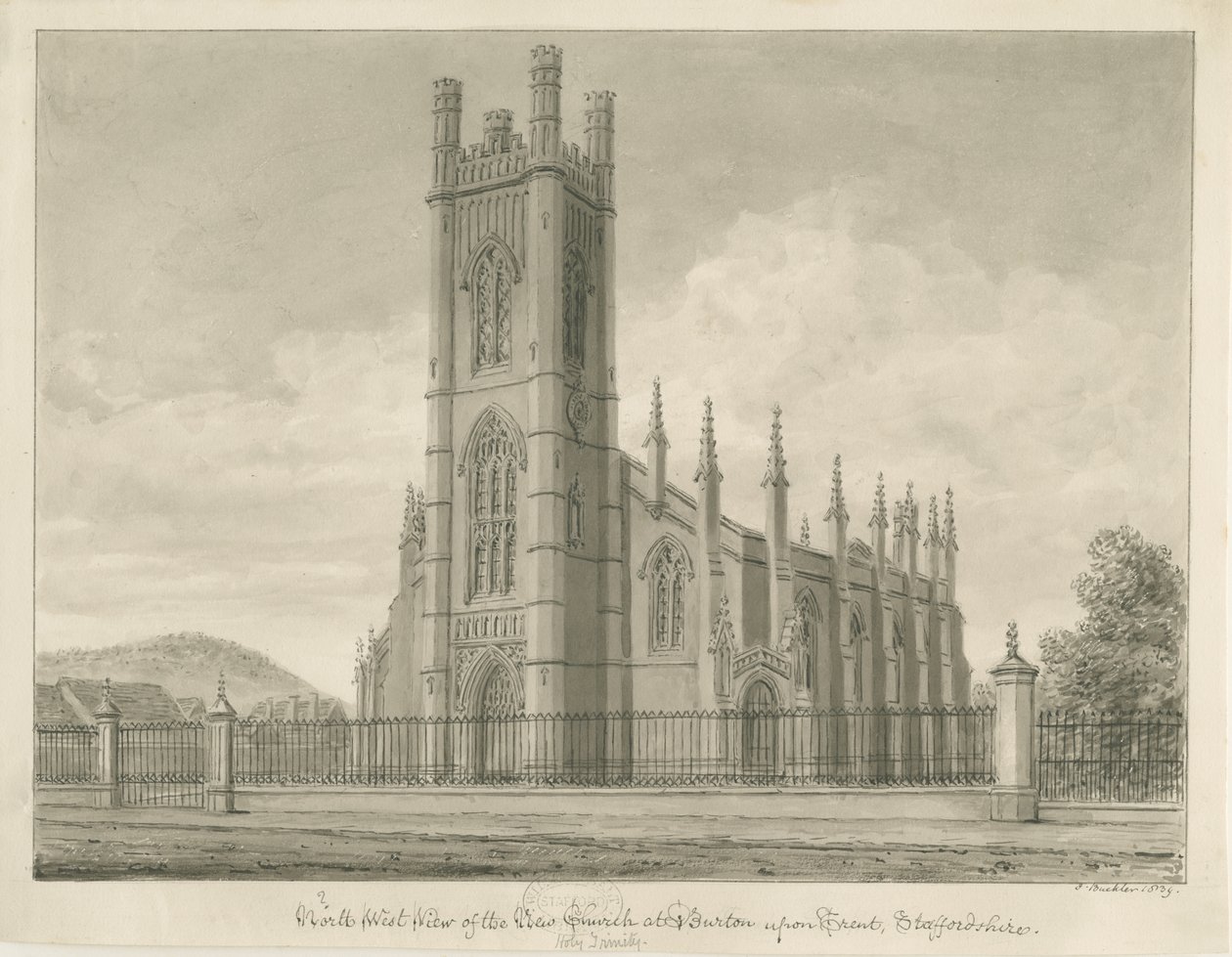 Burton-upon-Trent - Holy Trinity Church: sepia-tegning, 1839 af John Buckler