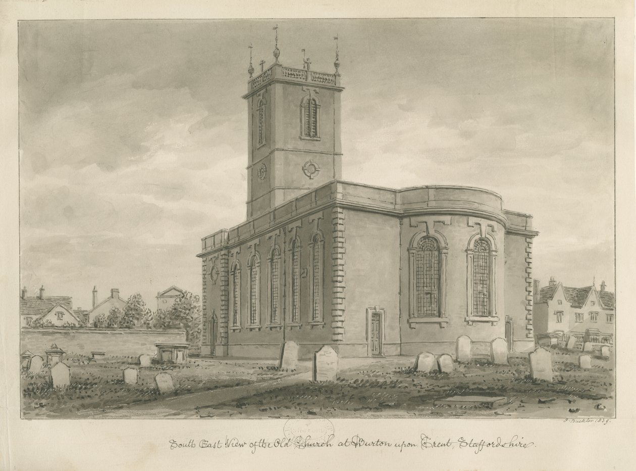 Burton-upon-Trent - Old Church: sepia-tegning af John Buckler