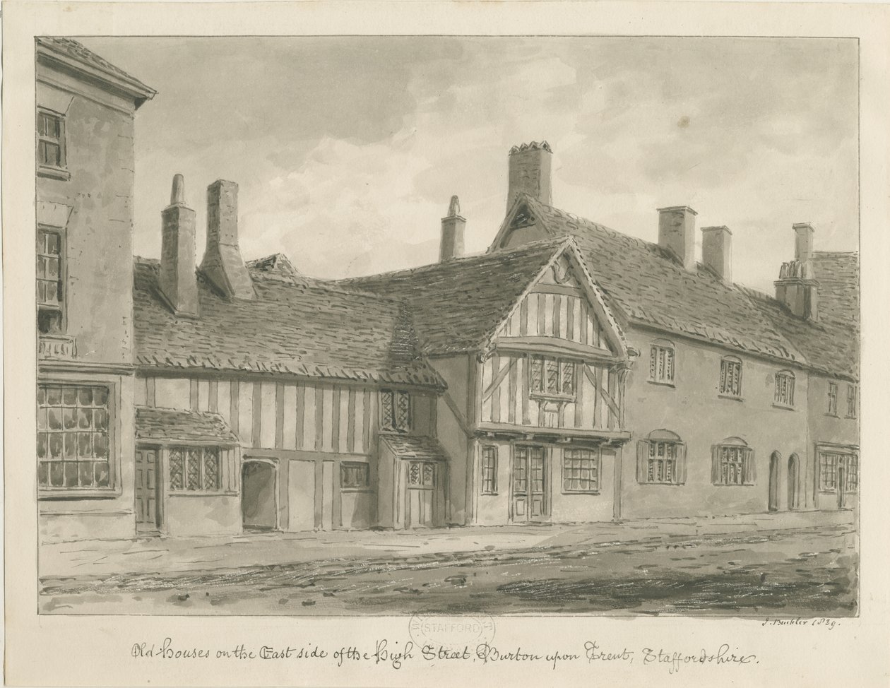 Burton-upon-Trent - Gamle huse på High Street: sepia-tegning af John Buckler