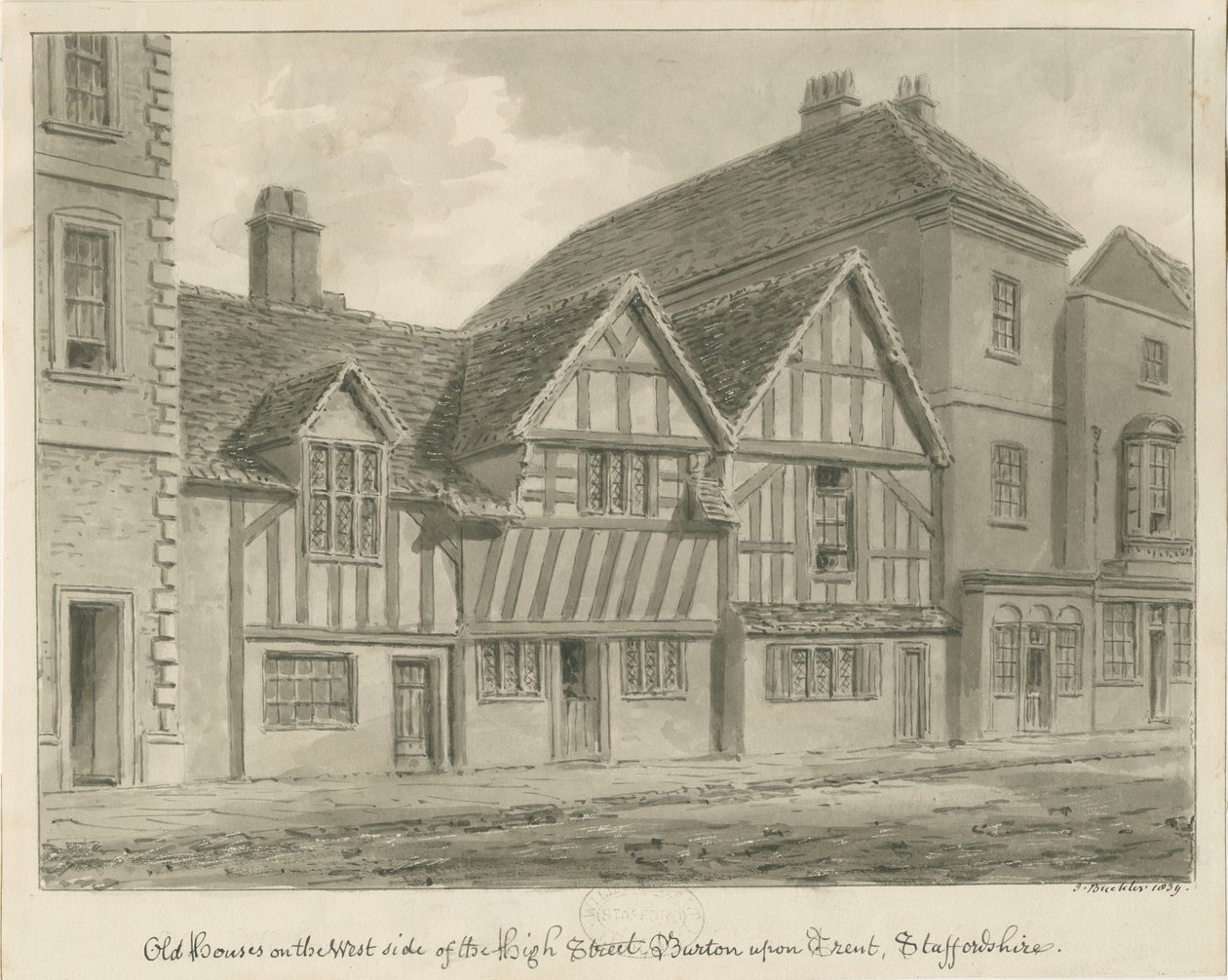 Burton-upon-Trent - Old Houses on High Street: sepia-tegning, 1839 af John Buckler
