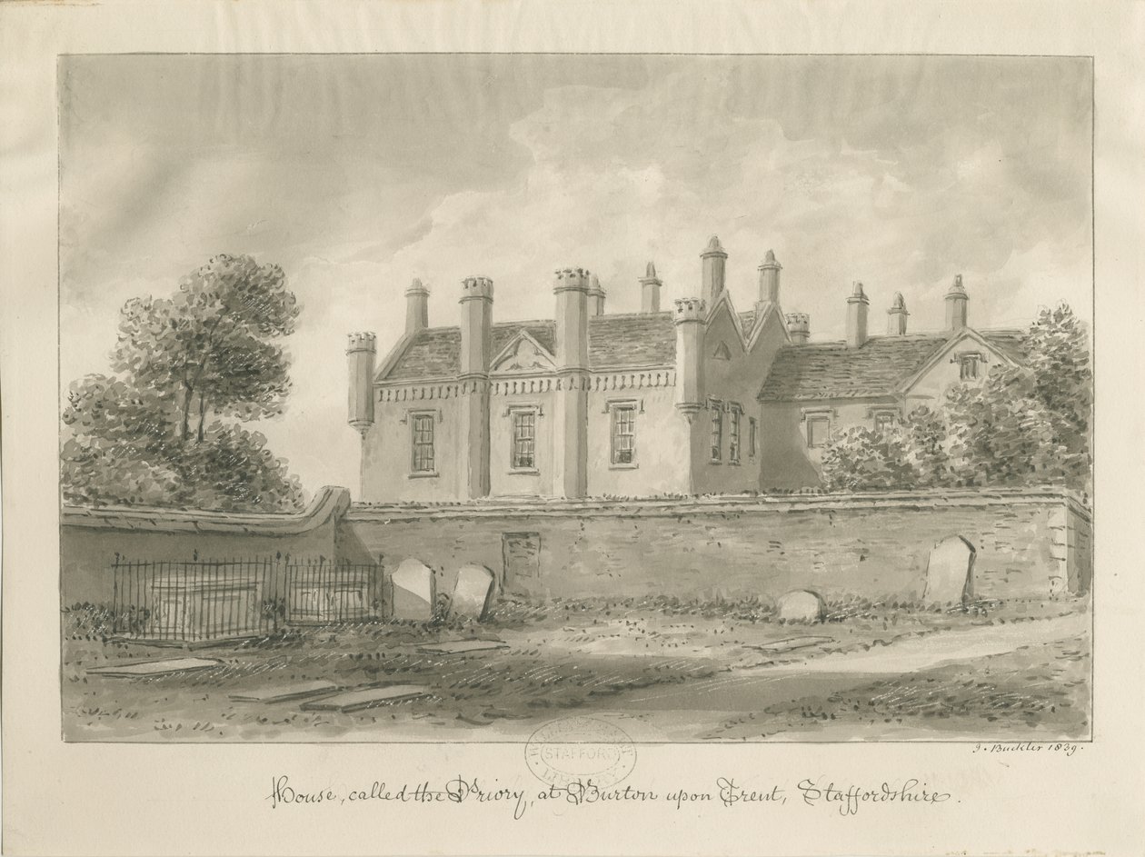 Burton-upon-Trent - Priory House: sepia-tegning af John Buckler