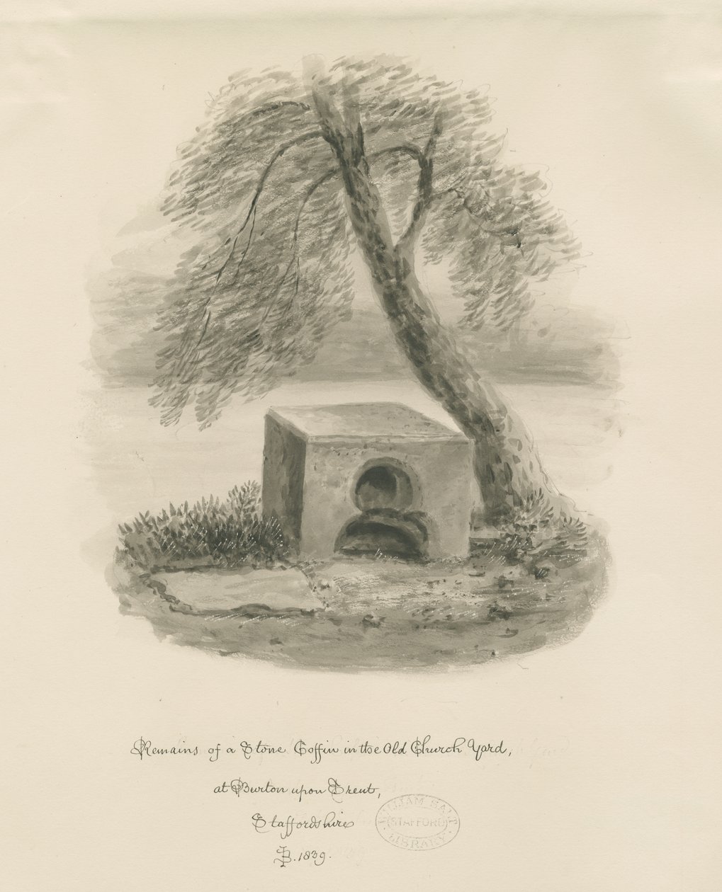 Burton-upon-Trent - Stenkiste i Old Churchyard: sepia-tegning af John Buckler