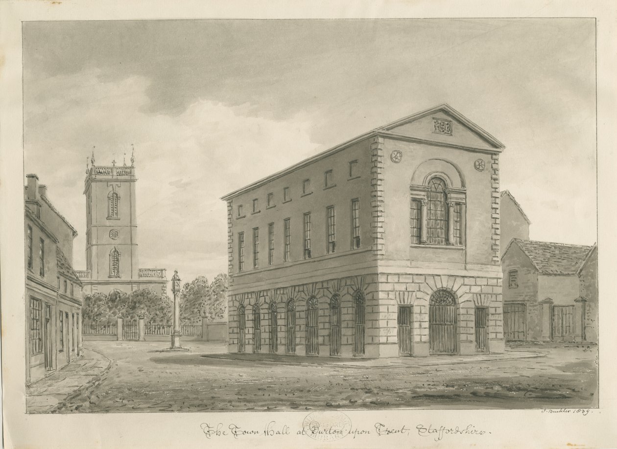 Burton-upon-Trent - Rådhus: sepia-tegning af John Buckler
