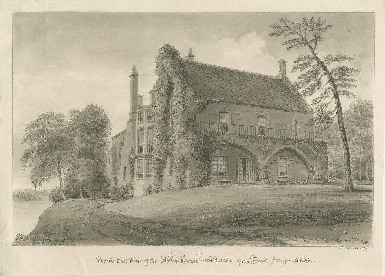 Burton-upon-Trent Abbey: sepia-tegning af John Buckler