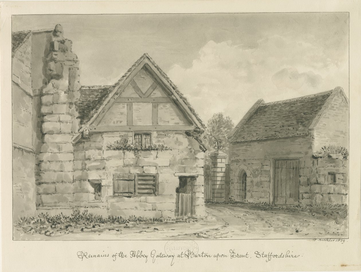 Burton-upon-Trent Abbey: sepia-tegning af John Buckler