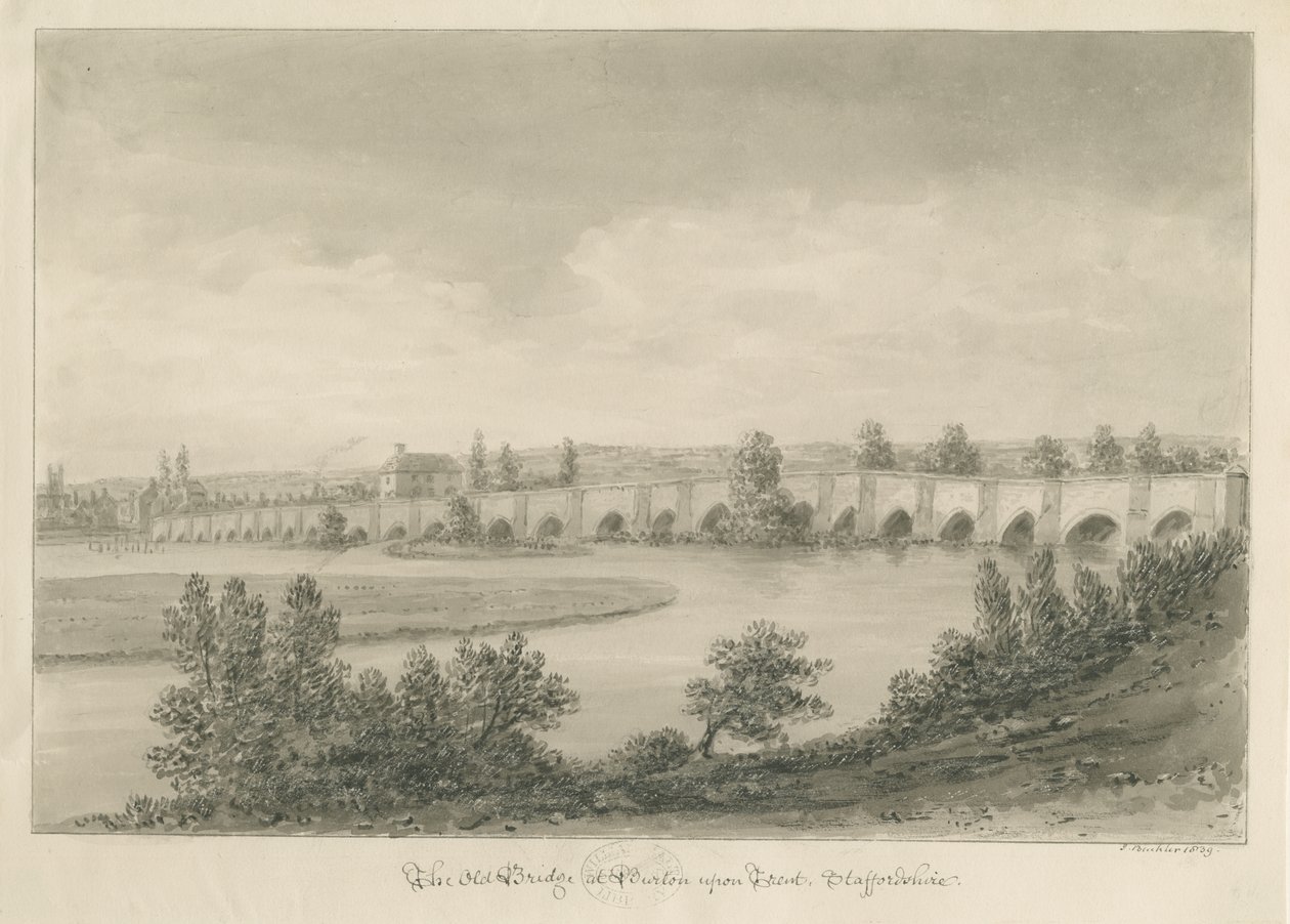 Burton-upon-Trent Bridge and Town: sepia-tegning af John Buckler