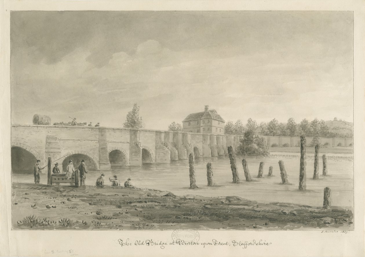 Burton-upon-Trent Bridge and Town: sepia-tegning, 1839 af John Buckler