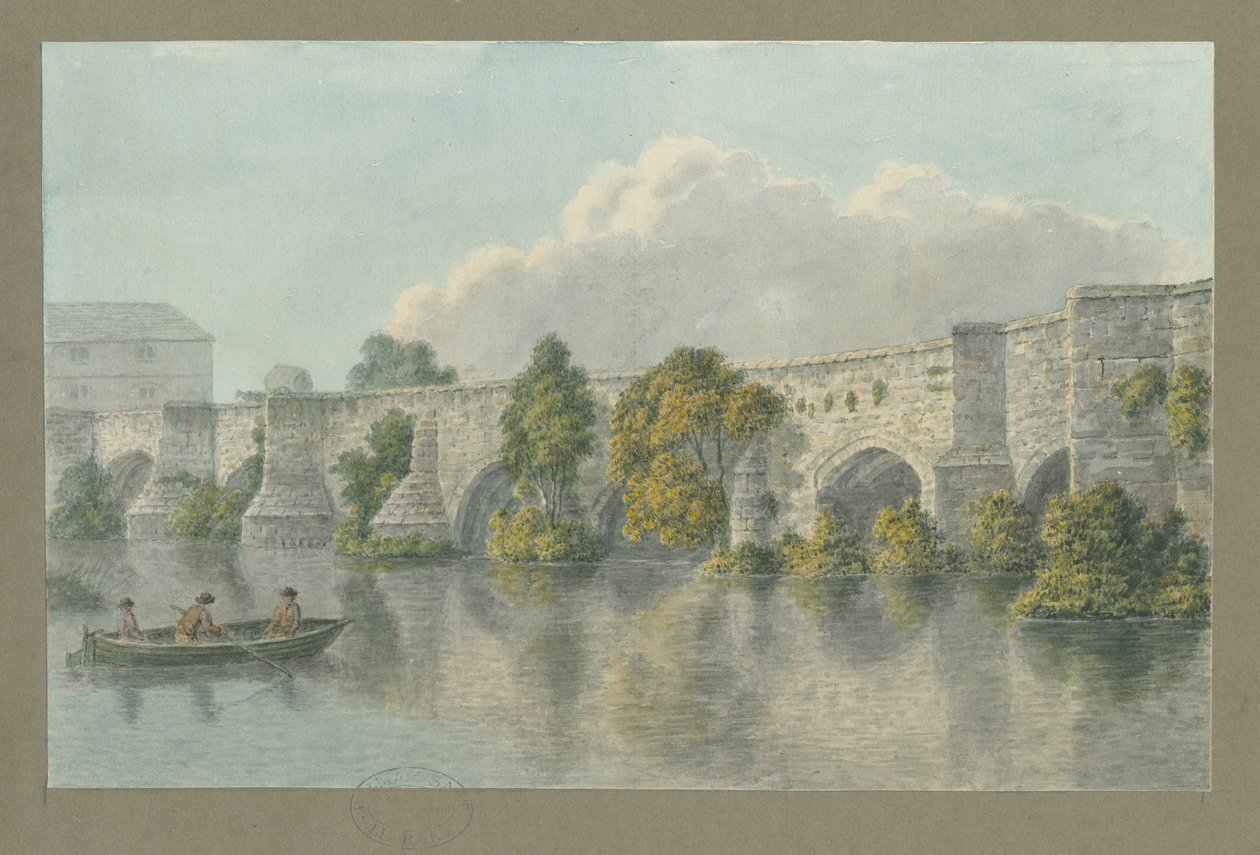 Burton-upon-Trent Bridge and Town: water color painting, and [? 18th century] dani af John Buckler