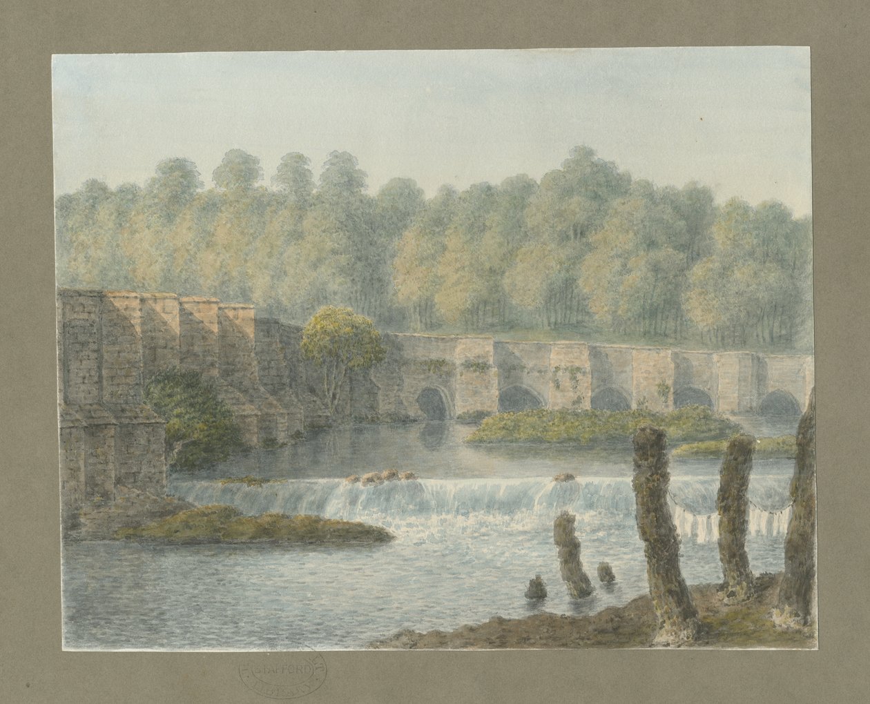 Burton-upon-Trent Bridge and Town: water color painting, and [? 18th century] dani af John Buckler