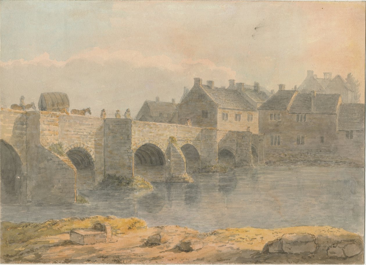 Burton-upon-Trent Bridge and Town: vandfarvemaleri og [?1700-tallet] af John Buckler