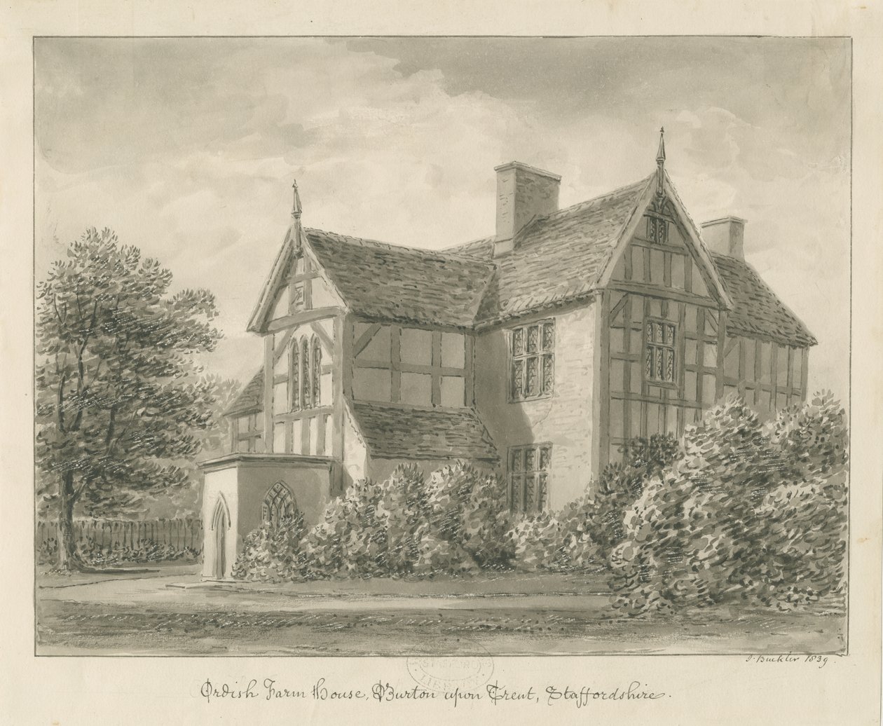 Burton-upon-Trent: Ordish Farm House: sepia-tegning, 1839 af John Buckler