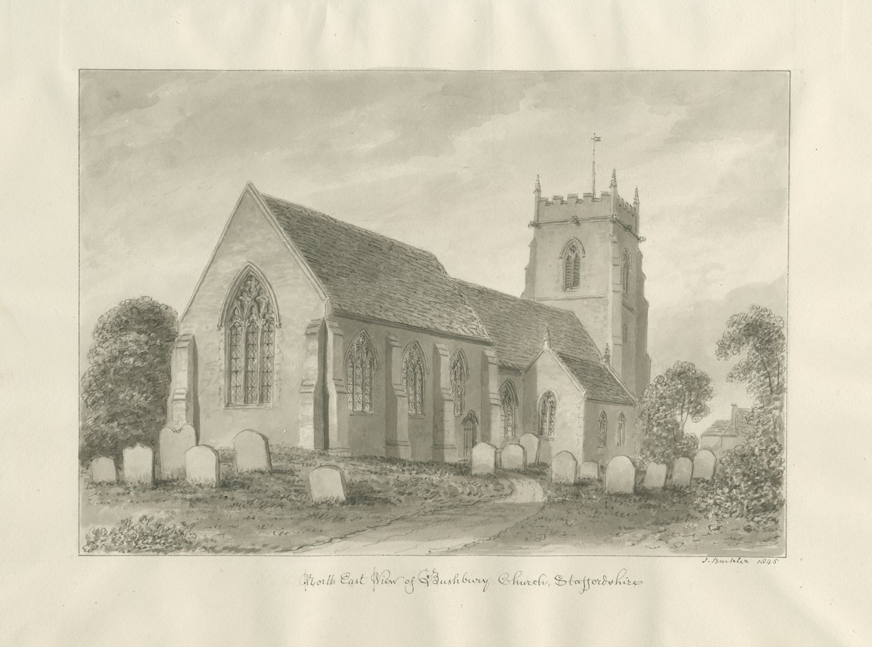 Bushbury Church: sepia tegning af John Buckler