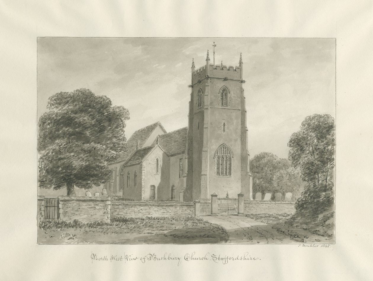 Bushbury Church: sepia tegning af John Buckler