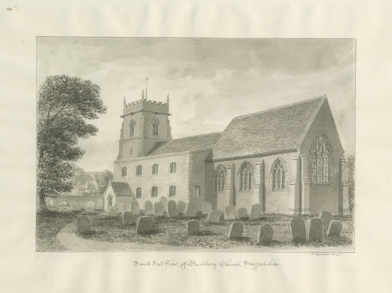 Bushbury Church: sepia tegning, 1845 af John Buckler