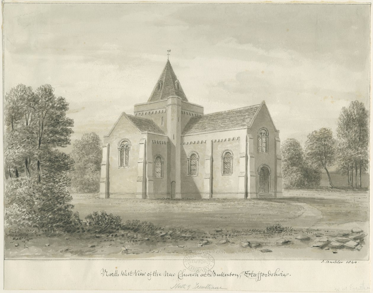Butterton - St. Thomas"-kirken: sepia-tegning, 1844 af John Buckler