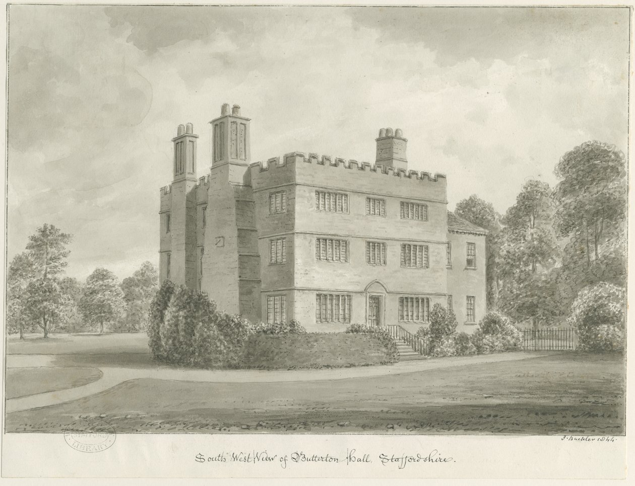 Butterton Hall: sepia tegning, 1844 af John Buckler