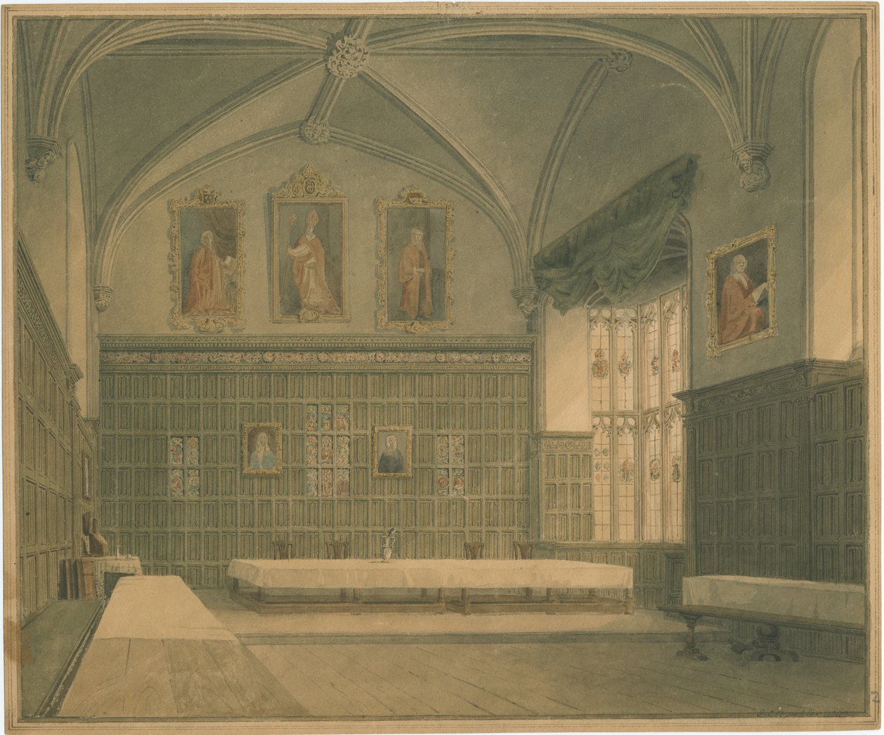 Cambridgeshire - Hall in [? Jesus] College - Interior View, 1818dani af John Buckler