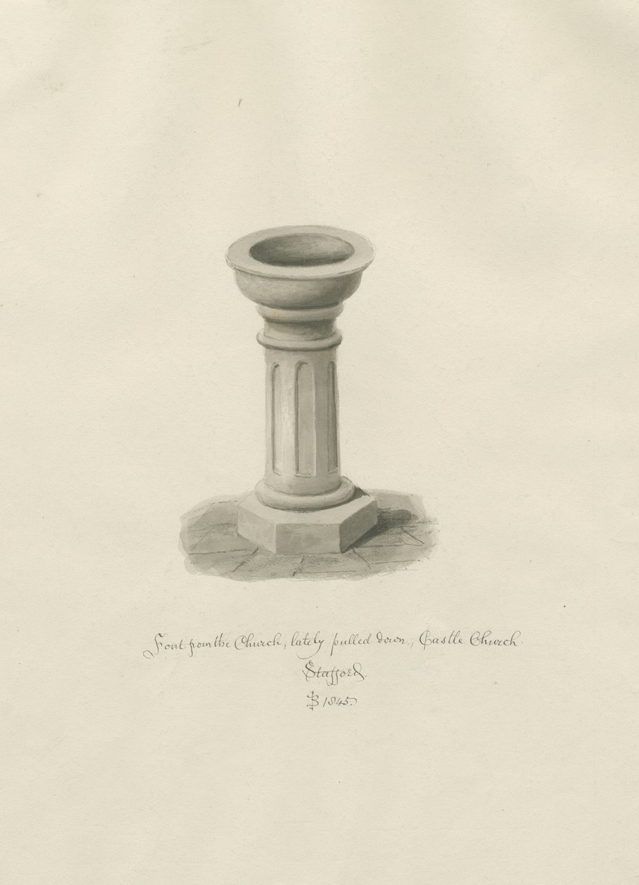 Slotskirken - Font i Kirken: sepia tegning af John Buckler