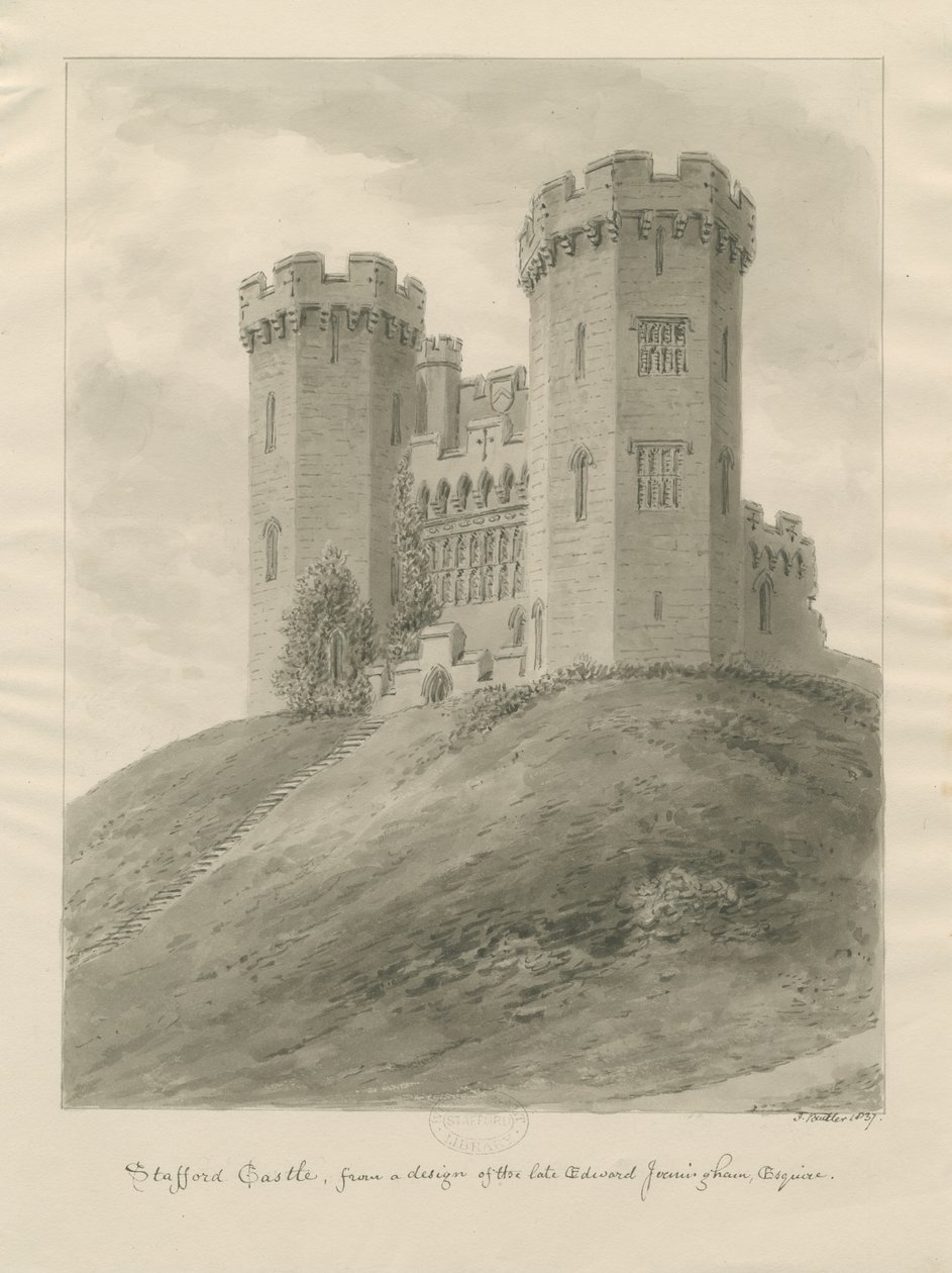 Castle Church - Stafford Castle: sepia tegning af John Buckler
