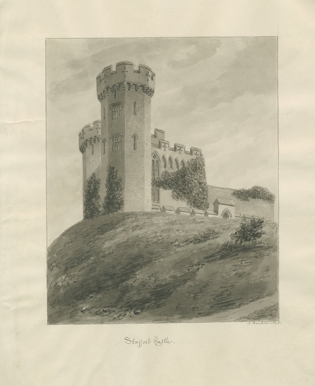 Castle Church - Stafford Castle: sepia tegning af John Buckler