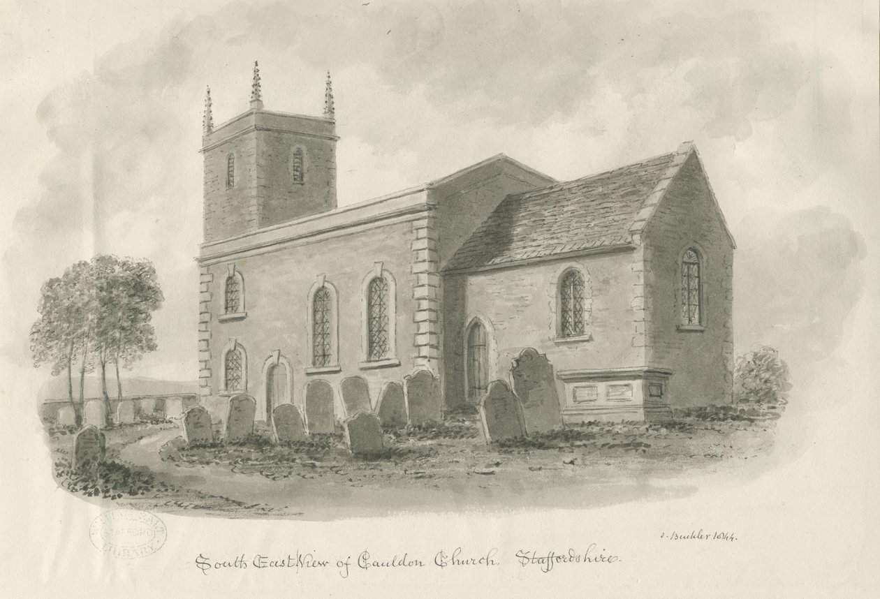 Cauldon Church: sepia tegning, 1844 af John Buckler
