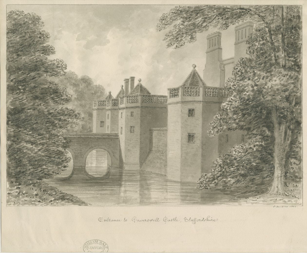 Caverswall Castle: sepia-tegning, 1840 af John Buckler