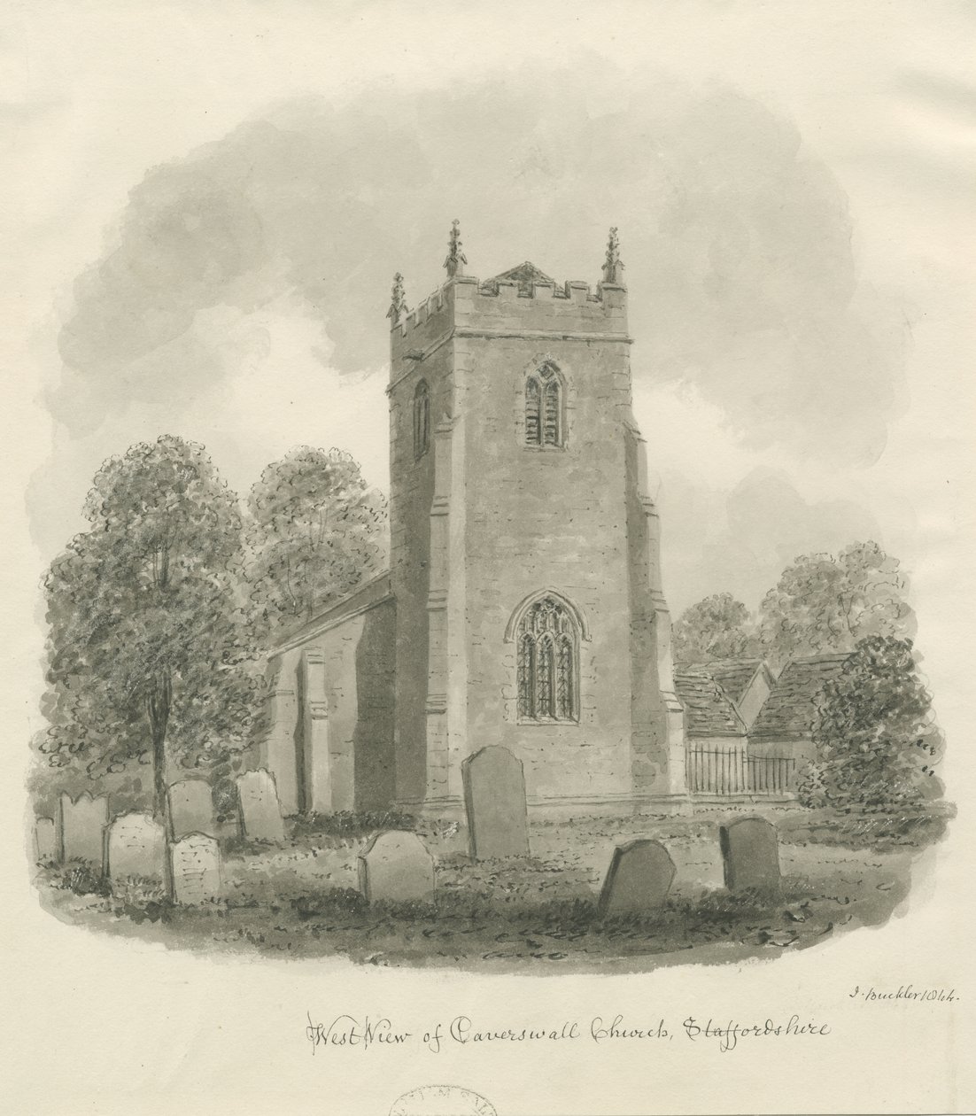 Caverswall Church: sepia tegning af John Buckler