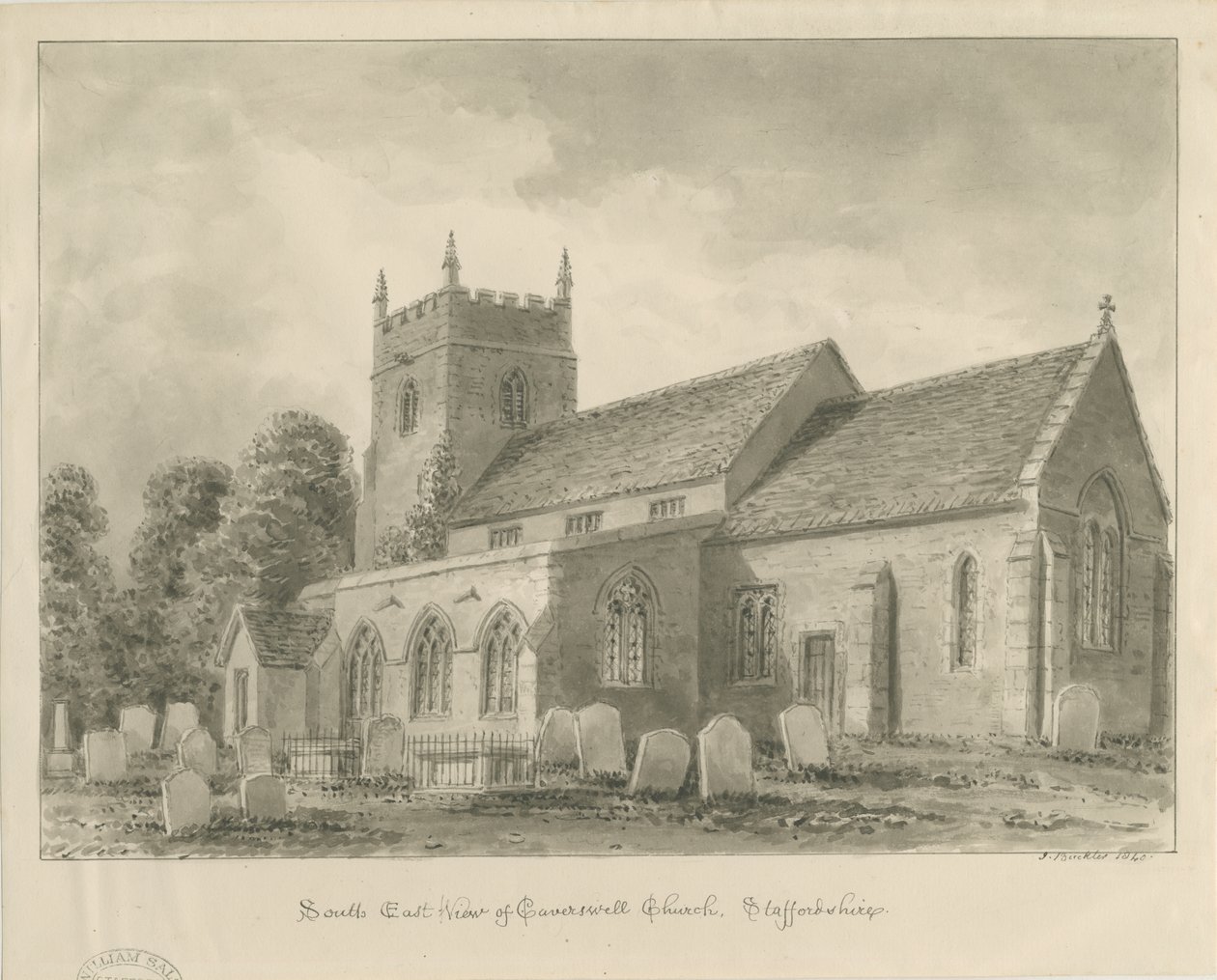 Caverswall Church: sepia tegning af John Buckler