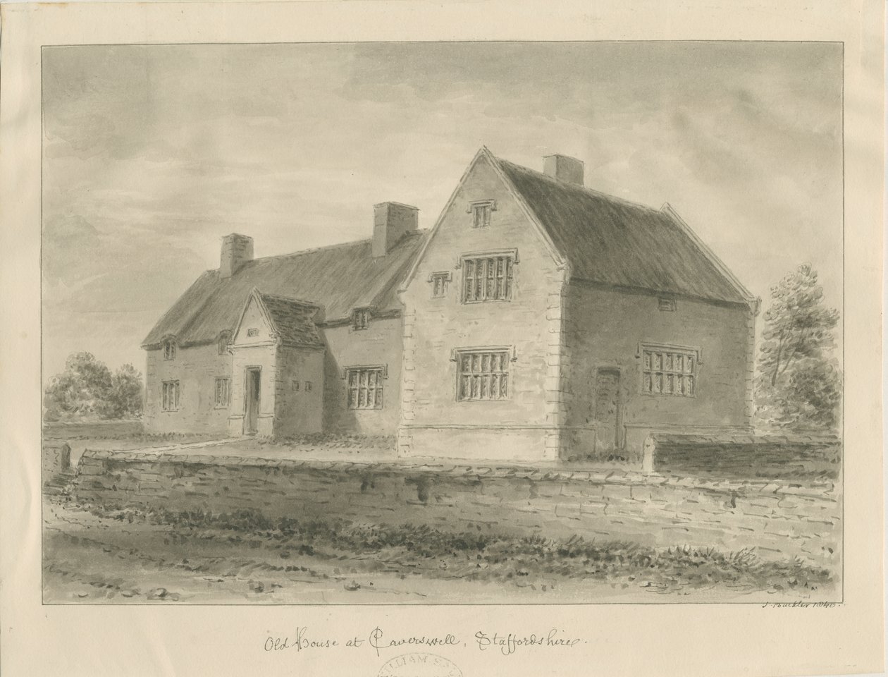 Caverswall Village - gamle huse: sepia tegning af John Buckler