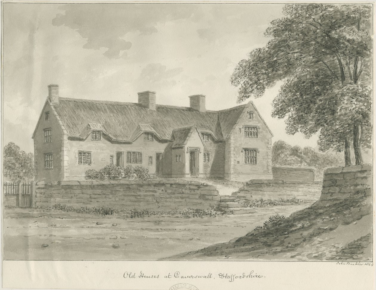 Caverswall Village - Gamle huse: sepia-tegning, 1840 af John Buckler