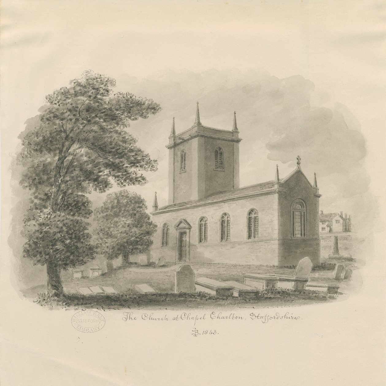 Chapel Chorlton Church: sepia tegning af John Buckler