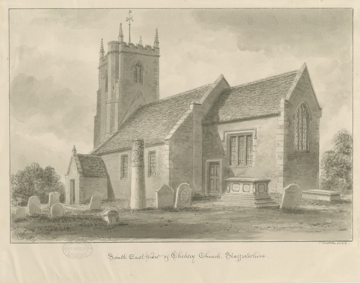 Chebsey Church: sepia tegning af John Buckler