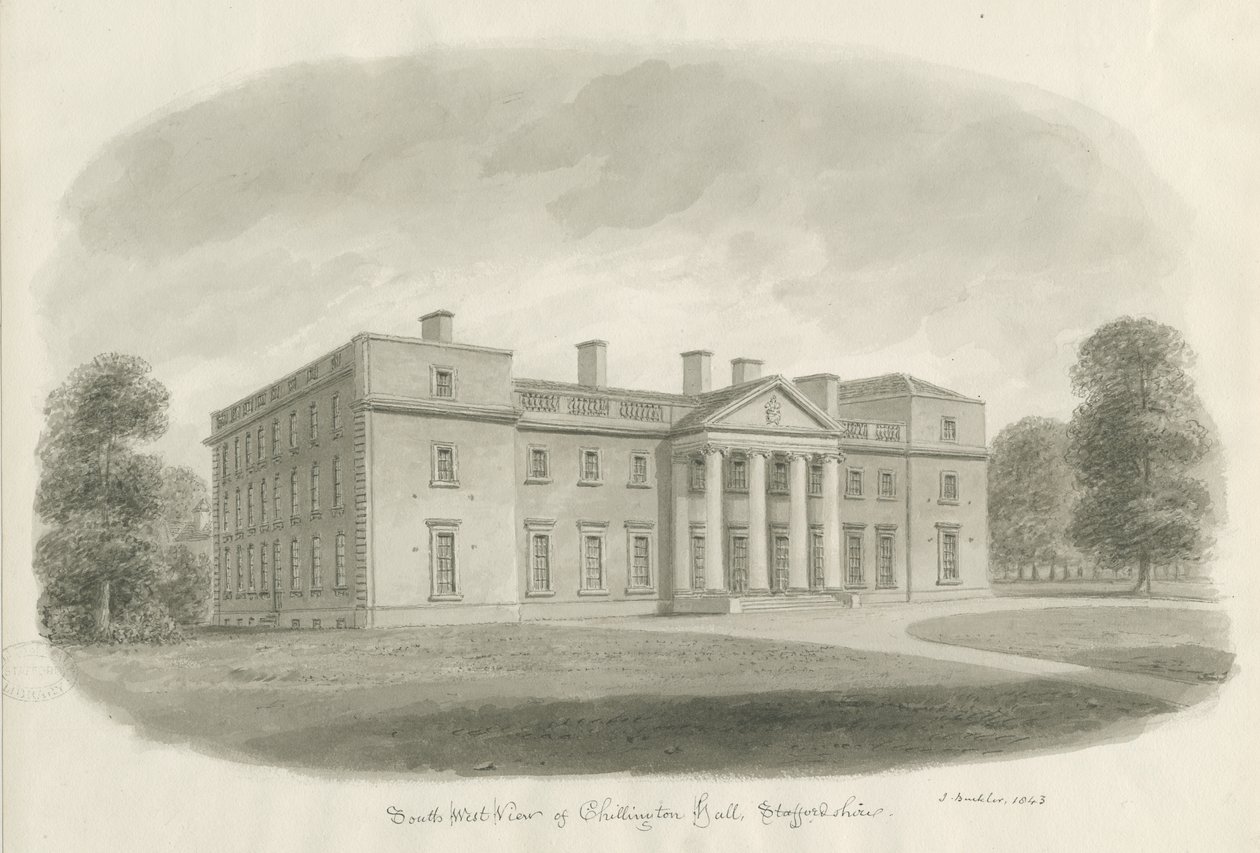 Chillington Hall: sepia tegning af John Buckler