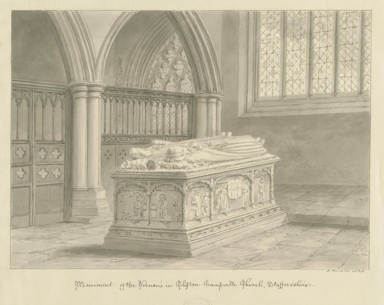 Clifton Campville Church - Vernon Monument: sepia tegning af John Buckler