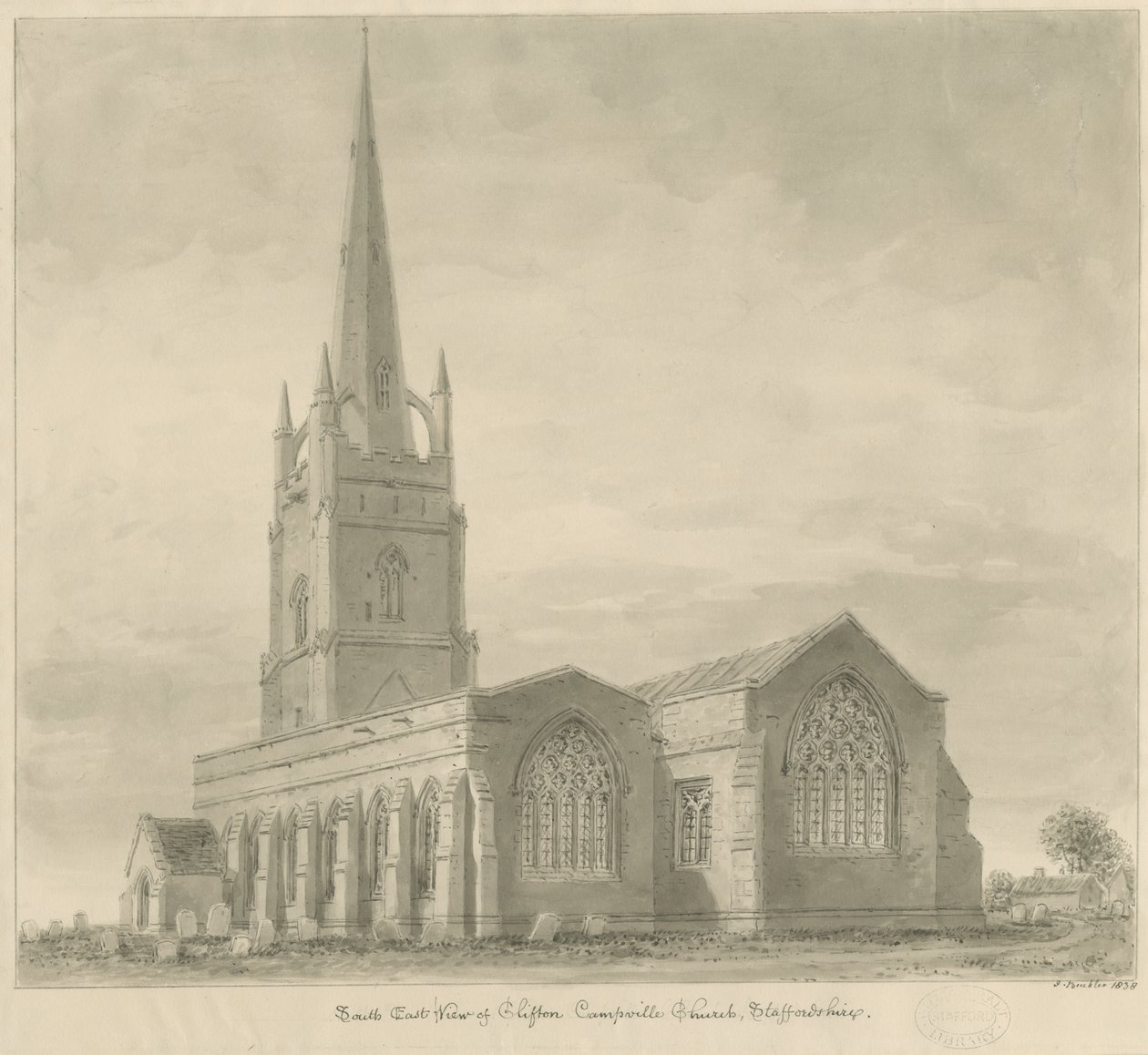 Clifton Campville Church: sepia tegning af John Buckler