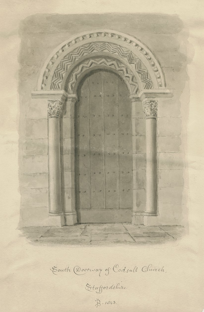 Codsall Church - South Doorway: sepia tegning af John Buckler