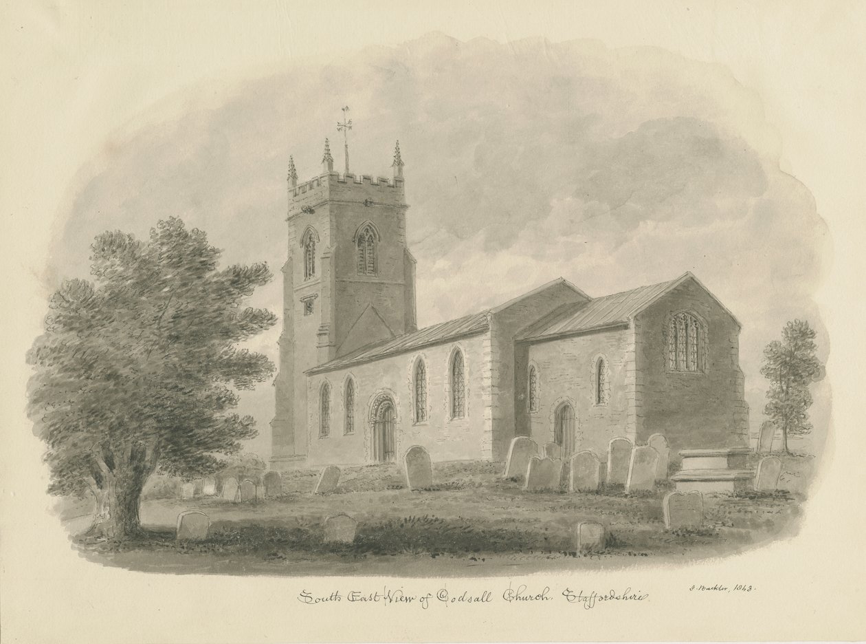 Codsall Church: sepia tegning af John Buckler