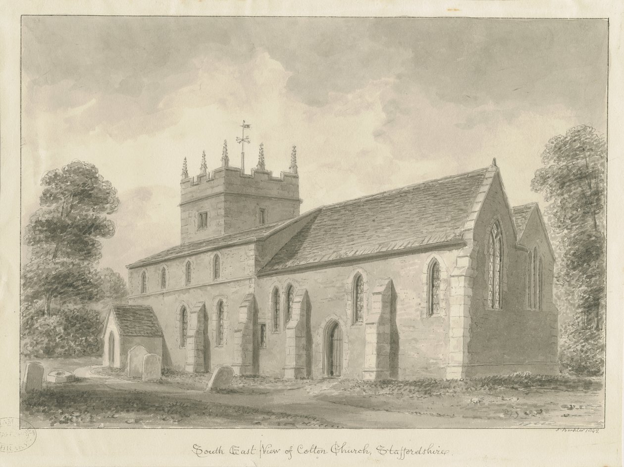 Colton Church: sepia tegning, 1842 af John Buckler