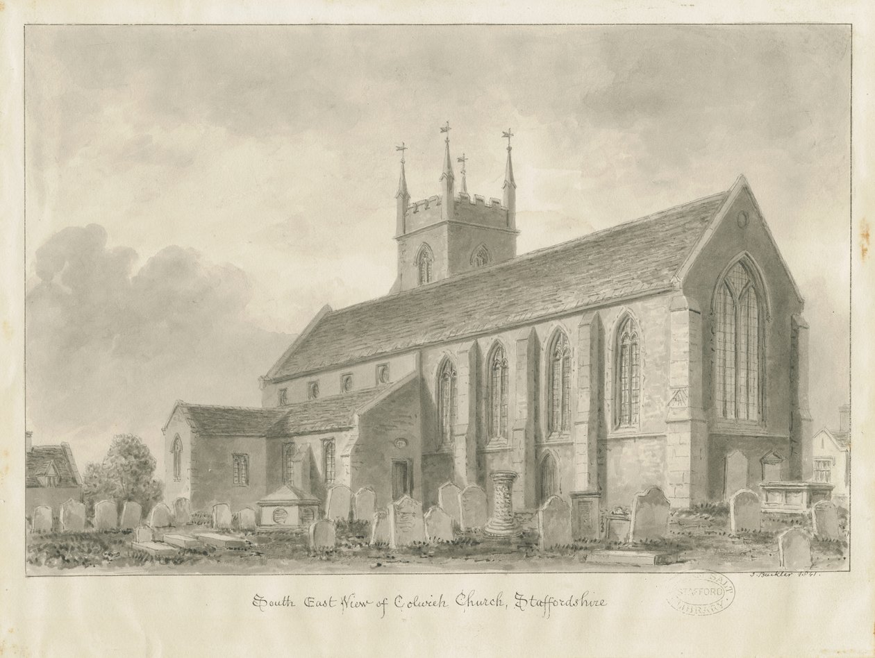 Colwich Church: sepia tegning, 1841 af John Buckler