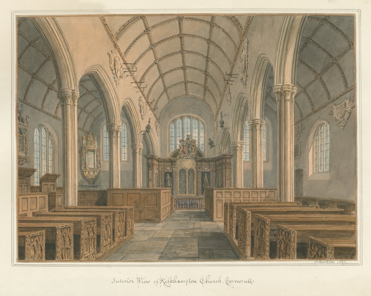 Cornwall - Kilkhampton Church - Indvendig udsigt, 1827 af John Buckler