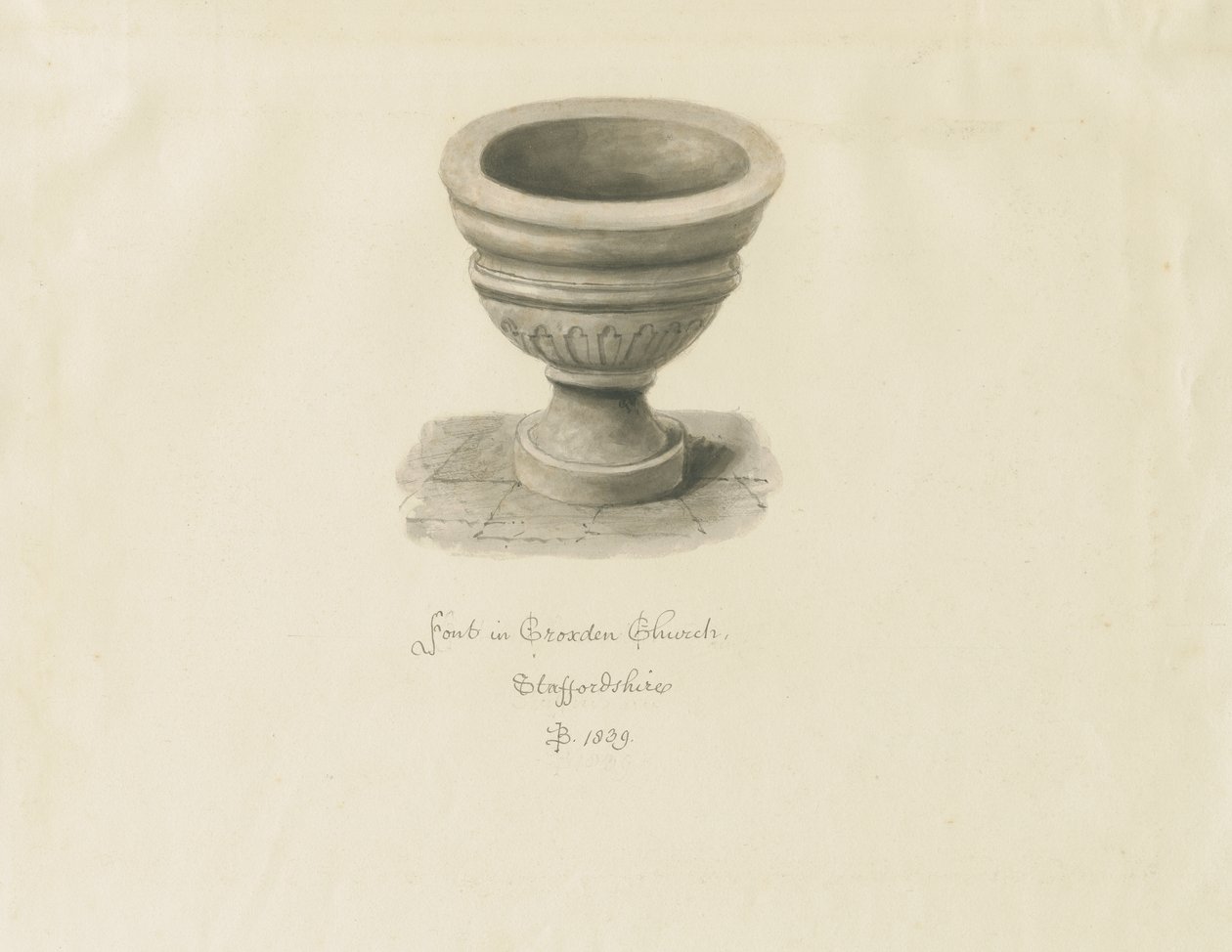 Croxden - Font in the Guest Chapel: sepia-tegning af John Buckler
