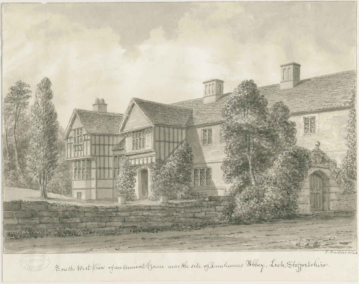 Dieulacres Abbey - Ancient House: sepia tegning af John Buckler